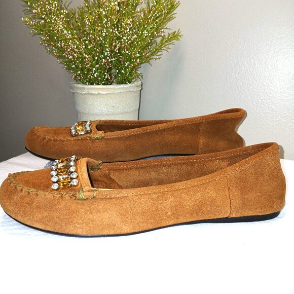 YELLOW BOX RETRO LEATHER SLIP ON FLATS BEADED JEWELED ACCENTS ROUND TOE SIZE 8.5 - Picture 5 of 6